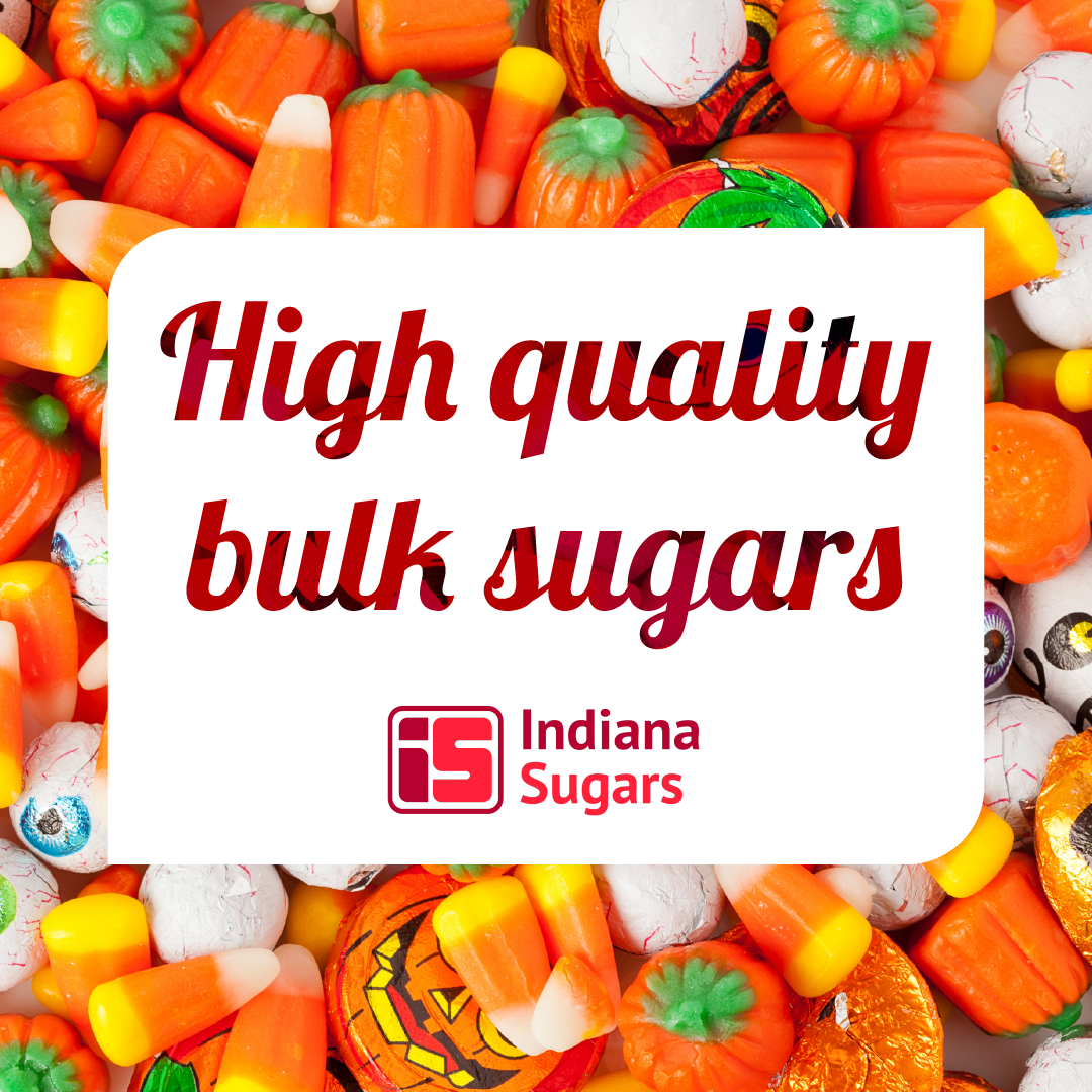 White label reading “High quality bulk sugars” on colorful candy corn background with Indiana Sugars logo