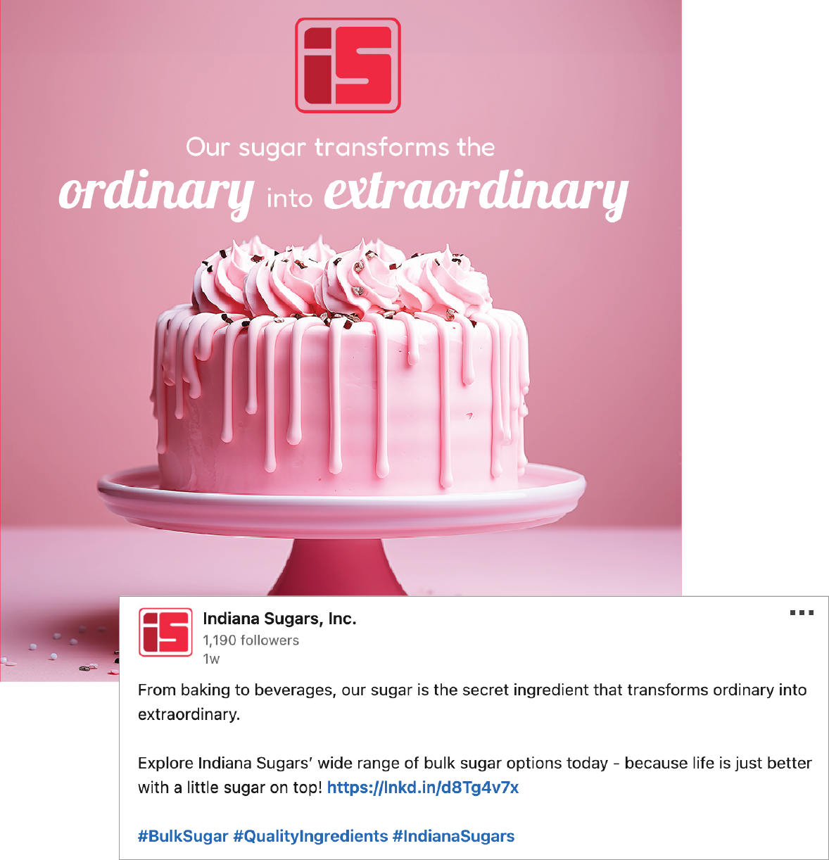 Pink frosted cake with candy topping on a pink background, featuring the slogan “ordinary into extraordinary.”