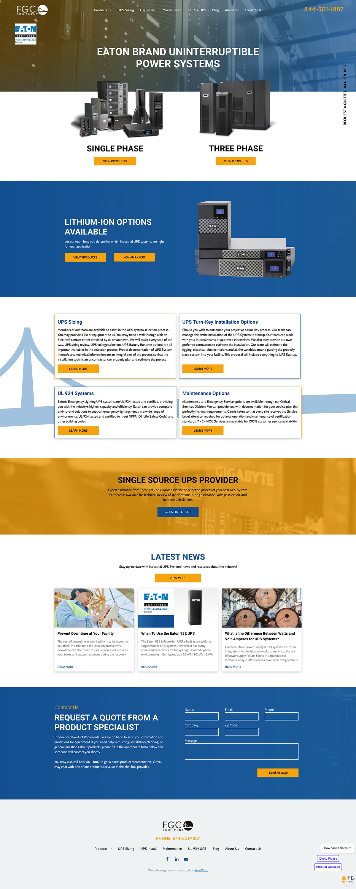Blue-and-gold product website homepage with tech graphics, feature panels, and contact form sections