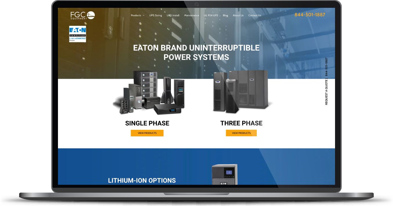 Laptop showing a website for Eaton brand UPS systems with product images and yellow call-to-action buttons