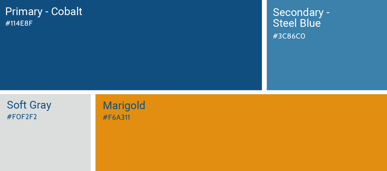 Color palette with Primary Cobalt, Secondary Steel Blue, Soft Gray, and Marigold swatches