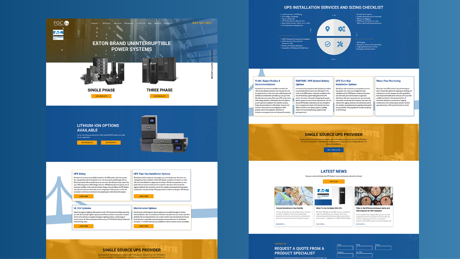 Blue and orange product website mockups with equipment photos, icons, and promotional sections
