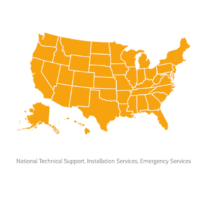 Orange U.S. map highlighting all states, with small gray text: National Technical Support, Installation Services, Emergency Services