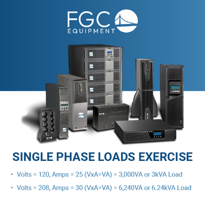 FGC Equipment ad for single-phase loads exercise, showing UPS equipment on a blue background.