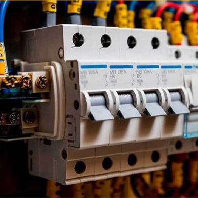 Close-up of a row of electrical circuit breakers in a distribution panel, with white toggles and blue wiring