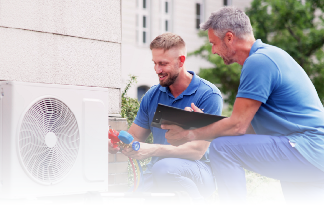 Two technicians in blue uniforms inspecting an outdoor air conditioning unit with a clipboard