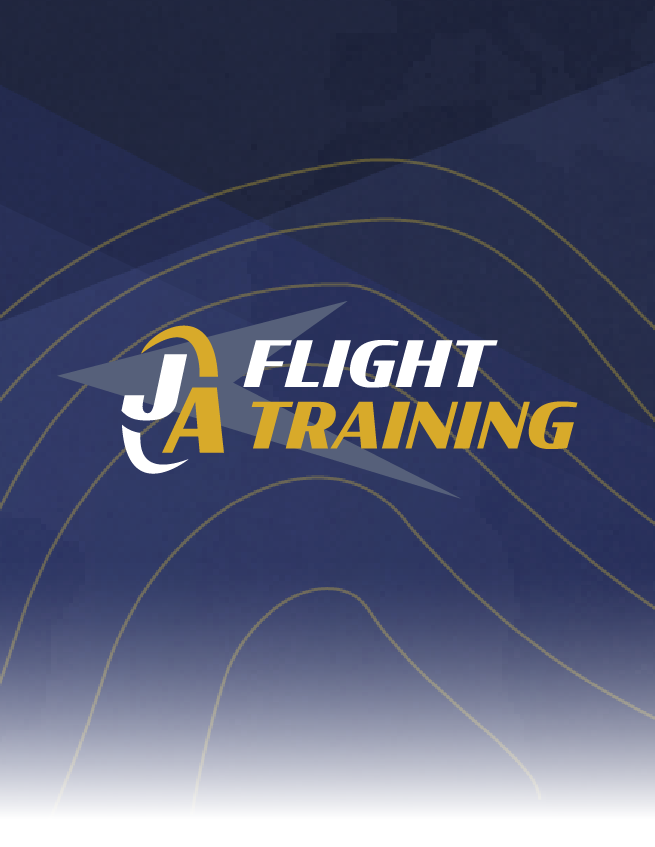 J/A Flight Training logo on a dark blue background with gold swooping lines