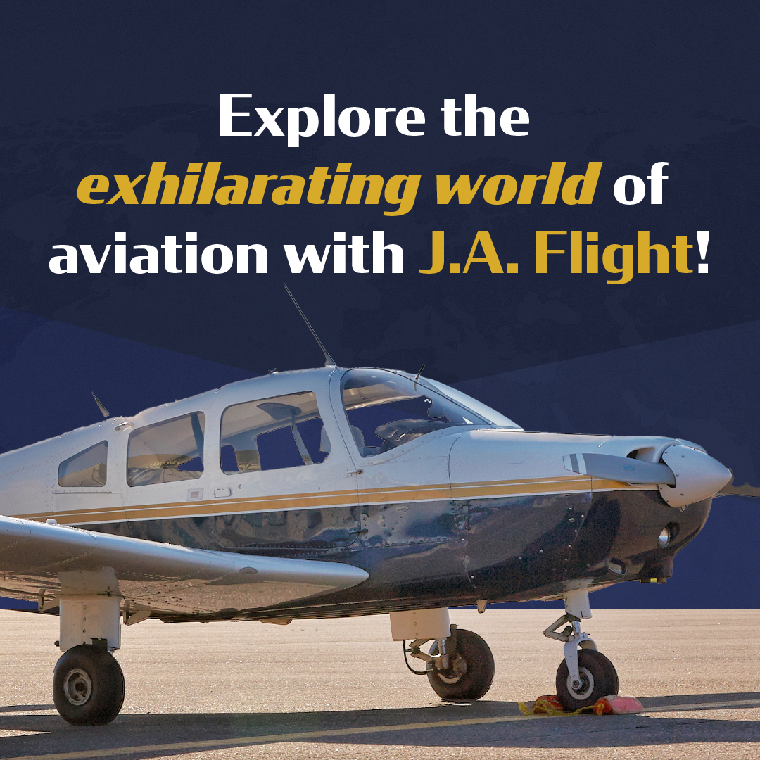 Small propeller plane on a runway with text: “Explore the exhilarating world of aviation with J.A. Flight!”