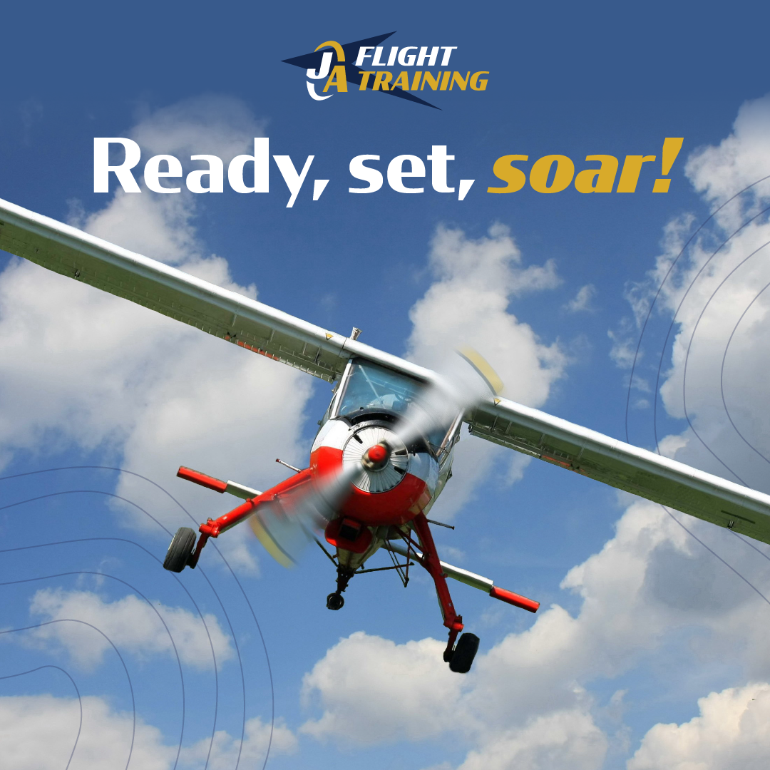 Flight training ad with a red-and-white airplane flying under the slogan “Ready, set, soar!”