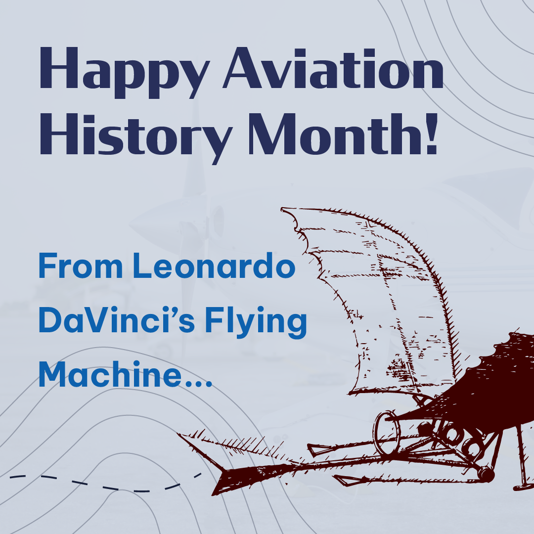 Happy Aviation History Month; Leonardo da Vinci's flying machine sketch on light blue background