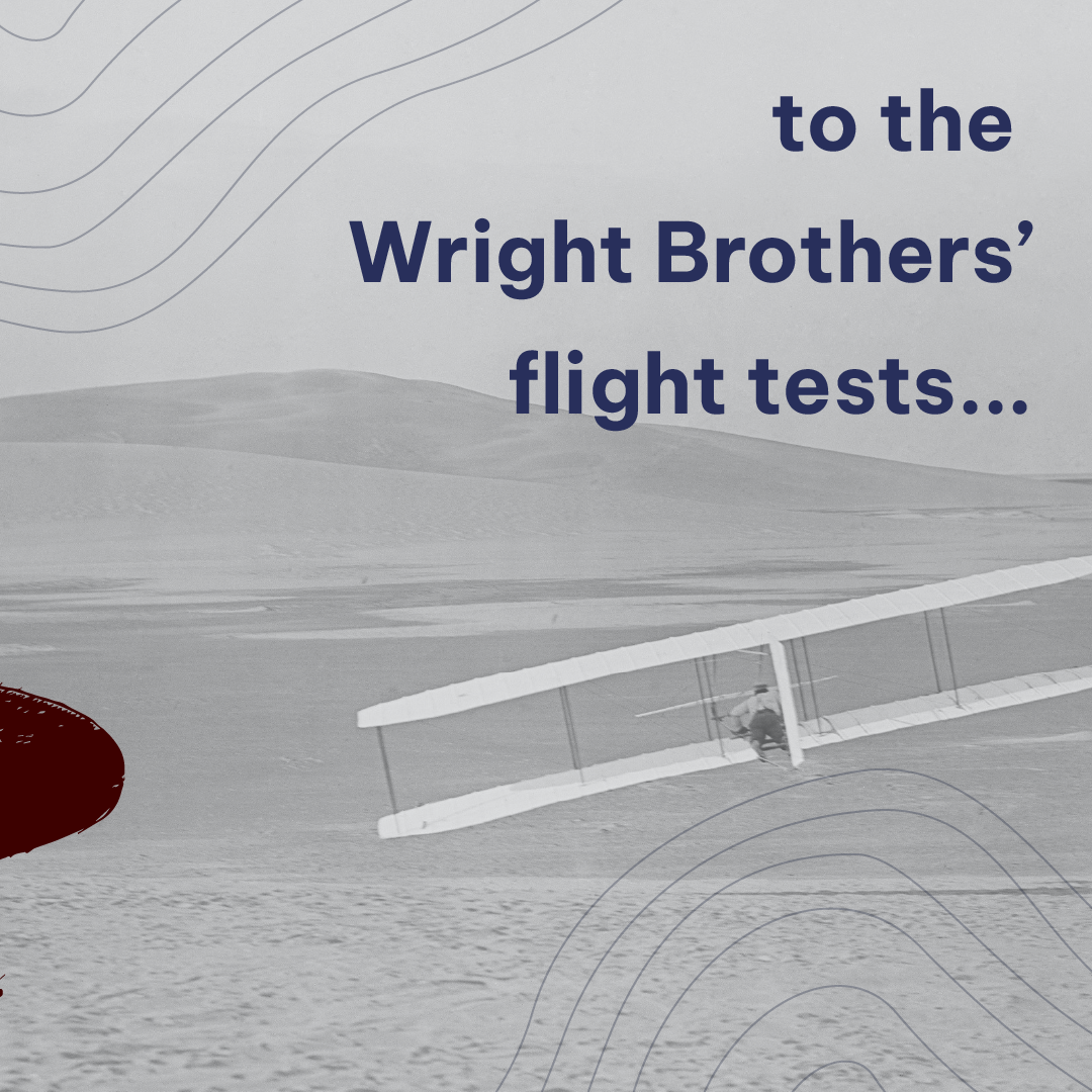 Text and a white biplane over a gray landscape, with “to the Wright Brothers’ flight tests...” shown.
