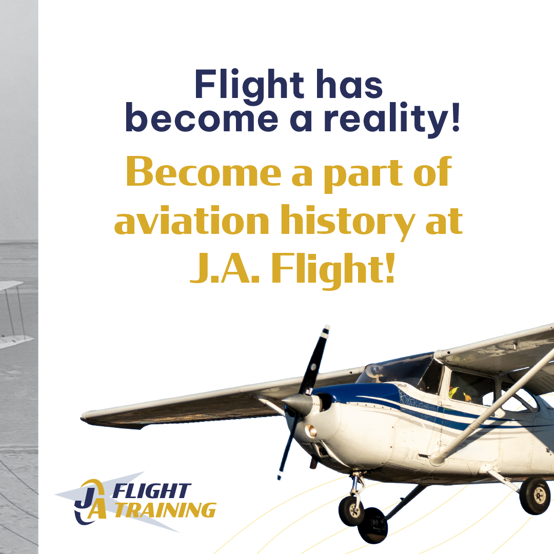 Promotional poster for J.A. Flight Training with a small propeller plane on a runway and slogan about aviation history
