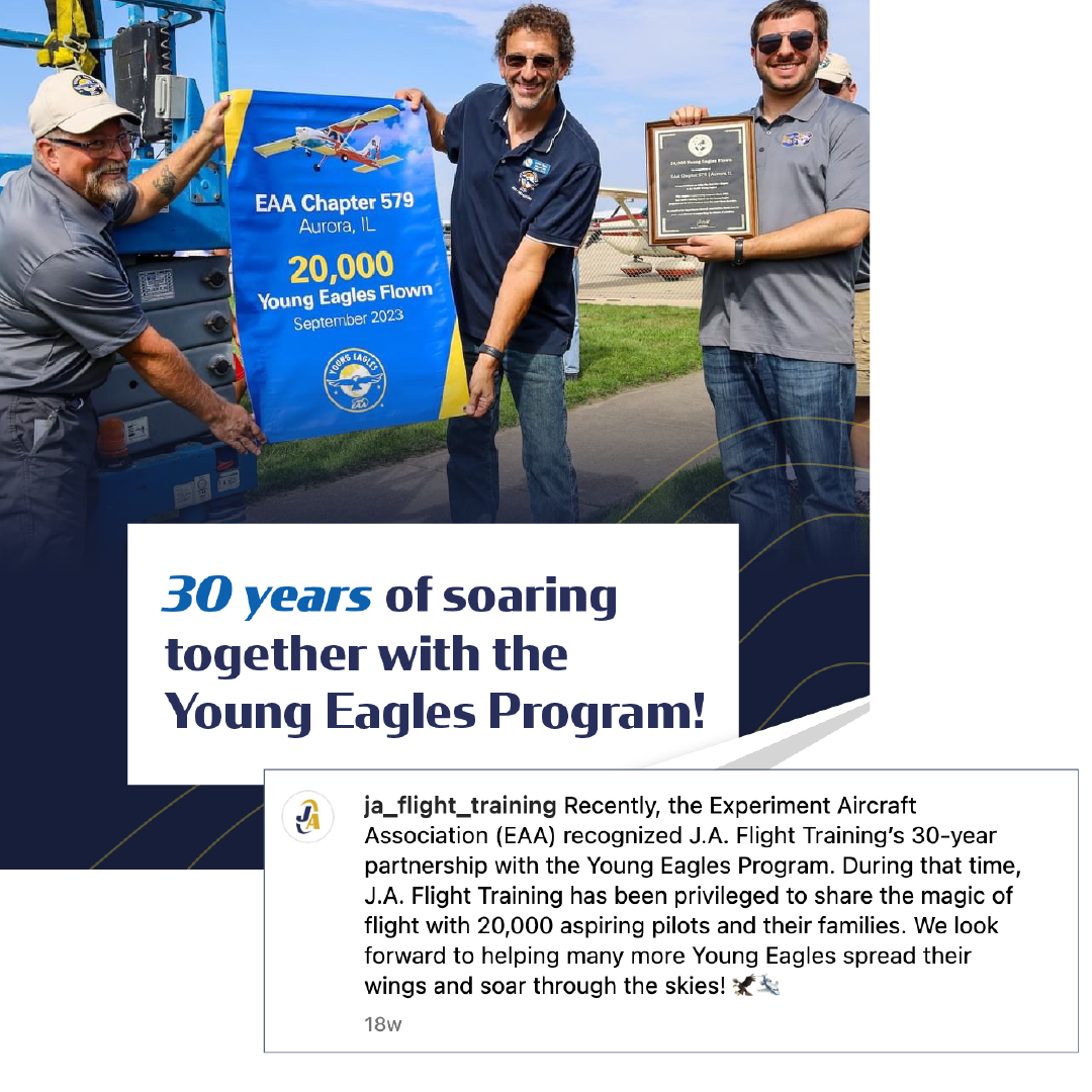 Three people hold a blue award banner on a runway, with a plaque and the text “30 years of soaring together” visible.