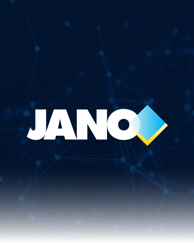 JANO logo on a dark blue background with a light blue diamond accent