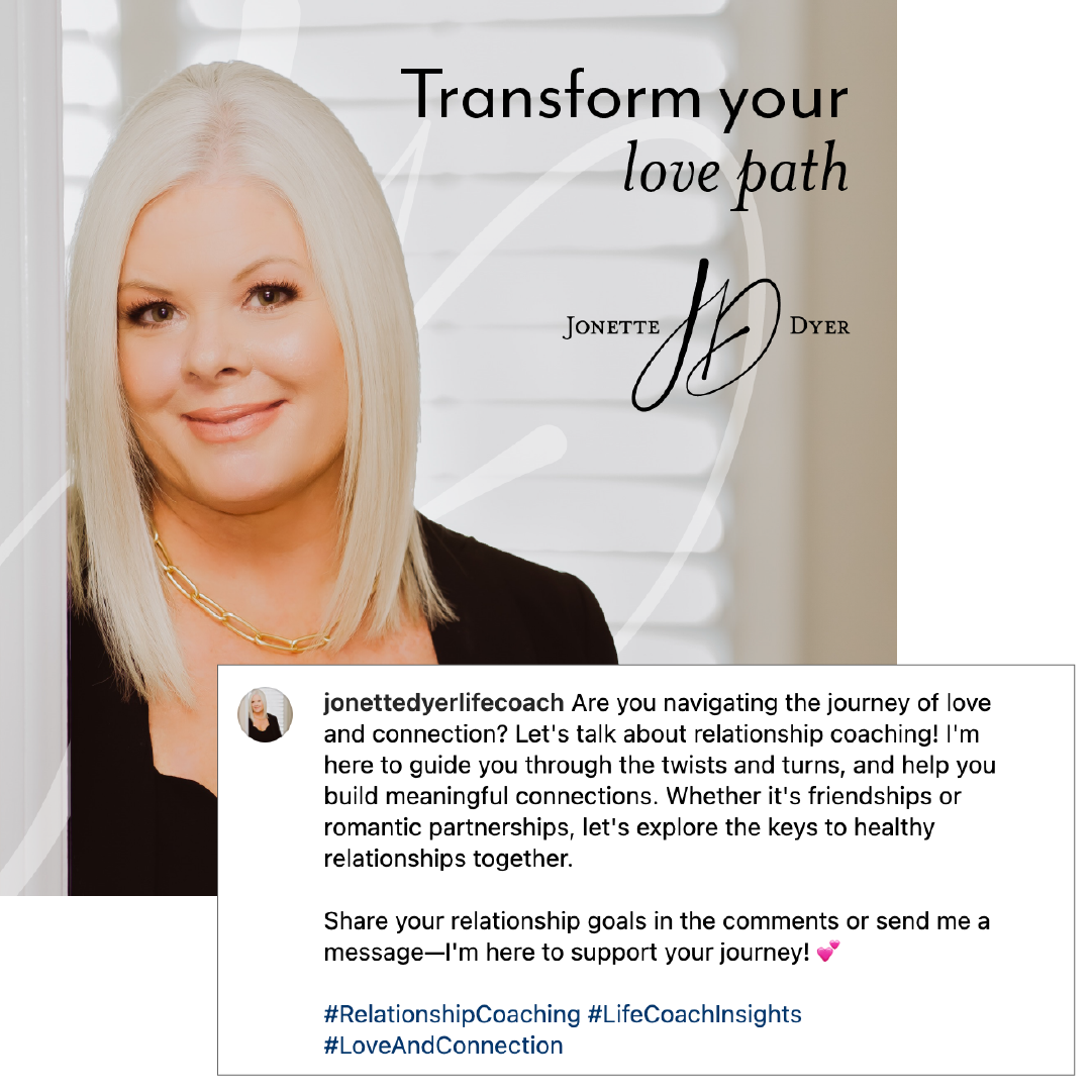 Portrait of a blonde woman with text “Transform your love path” and a brief testimonial quote below