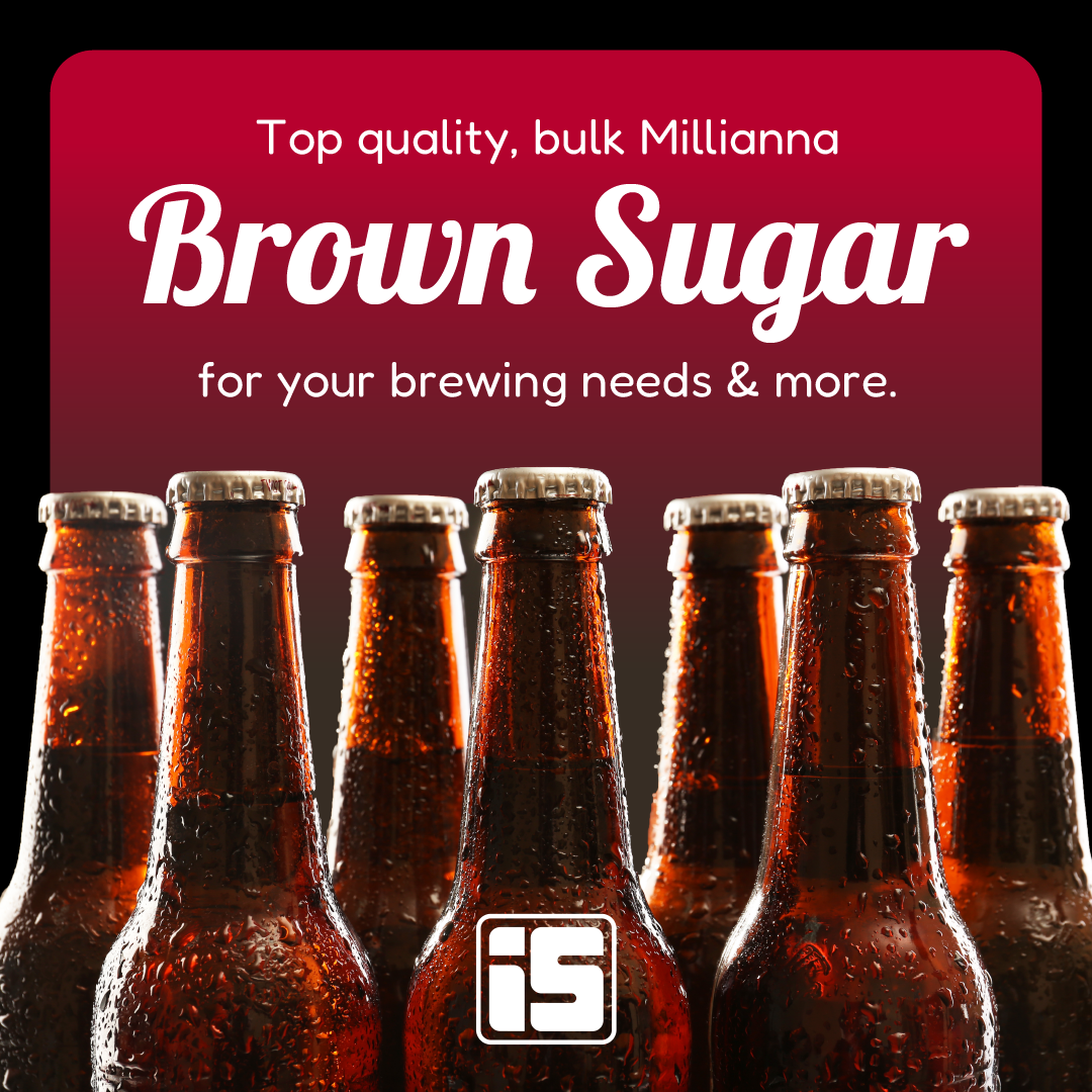 Ad for brown sugar, with bottles lined up against a maroon background and white text.