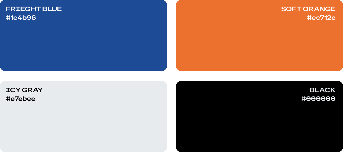 Five vertical color swatches labeled with names and hex codes: blue, light gray, orange, white, and dark blue.