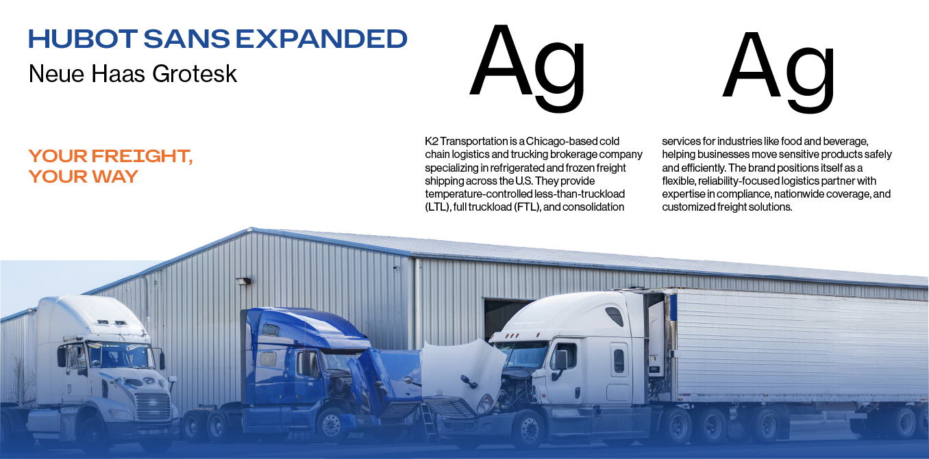 Blue typography and font style guide with Calibri Bold, Cabin Regular, and large “Ag” samples