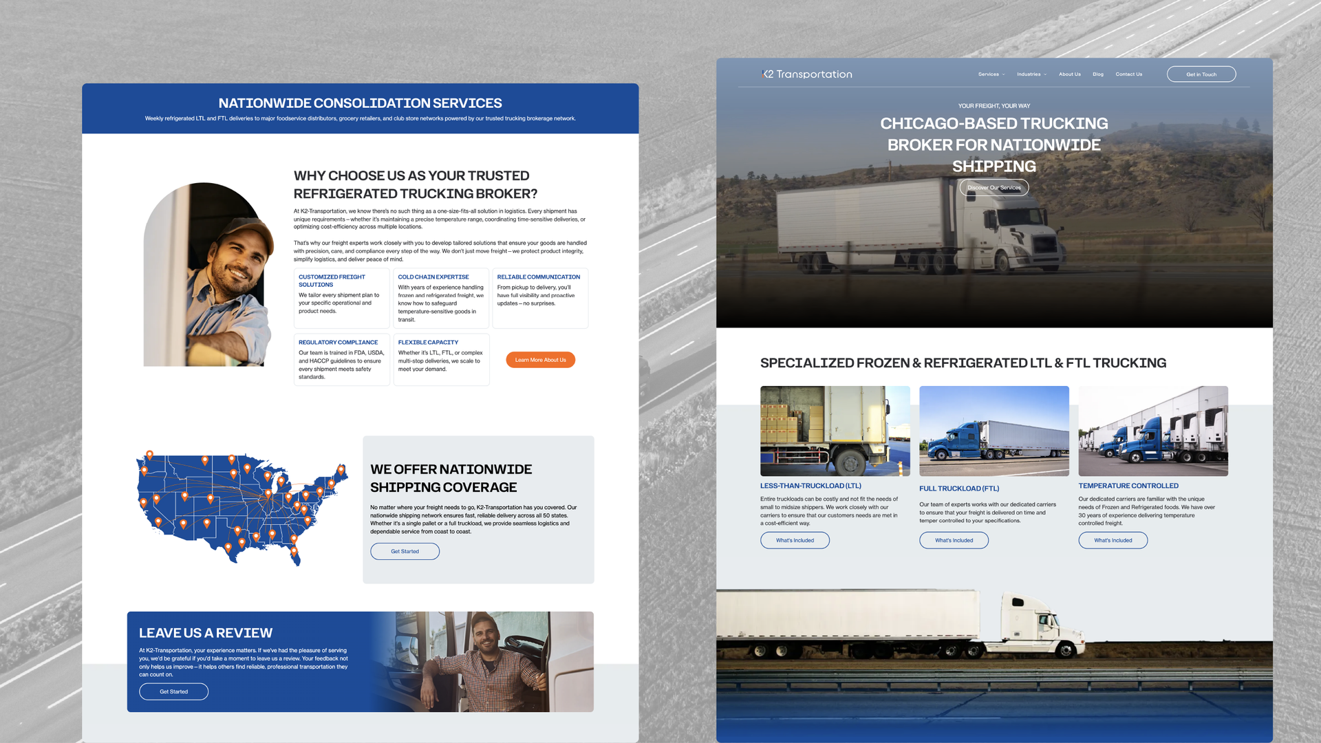 Collage of a blue-and-red website homepage with navigation, banners, cards, forms, and photo sections