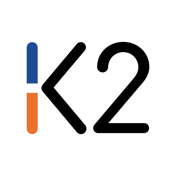 White stylized “K” logo on a blue textured background.