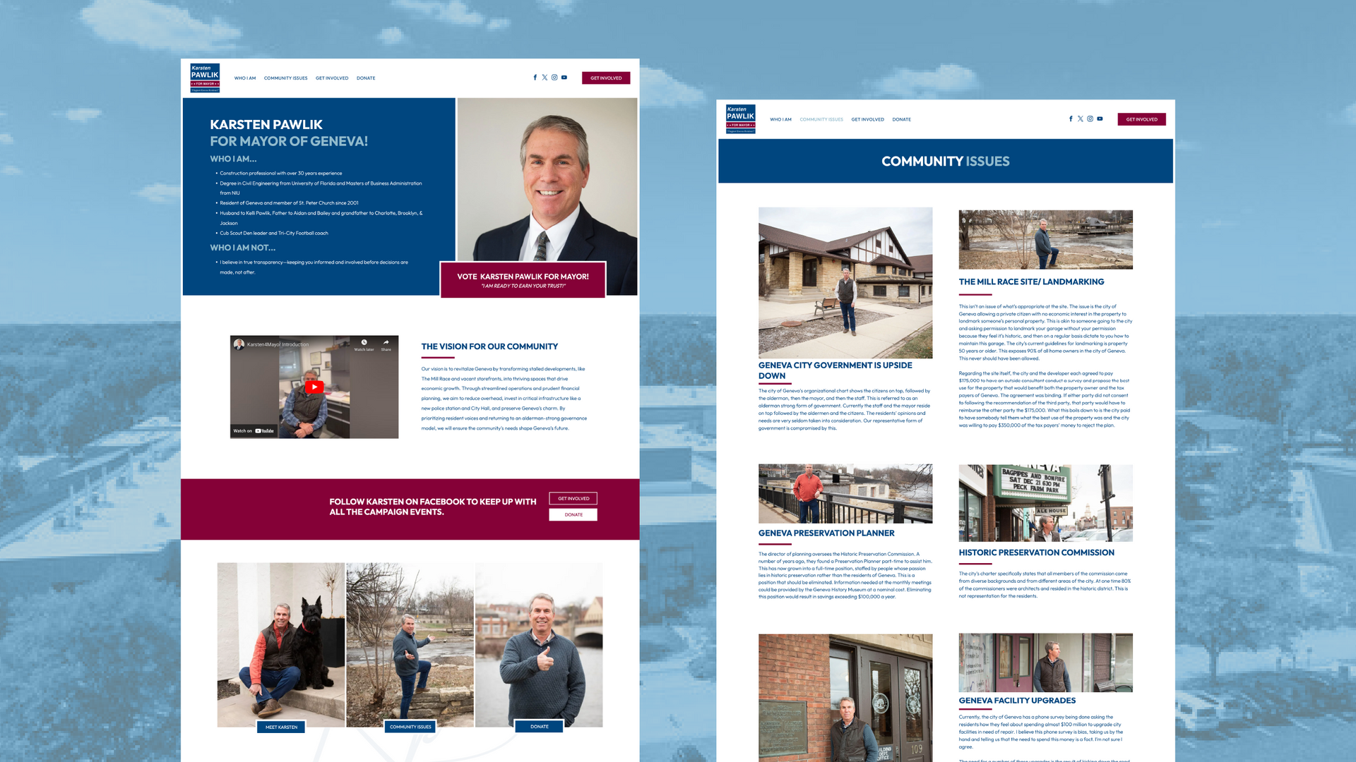 Two-page government website mockup with blue header, portrait, and news tiles on a snowy background
