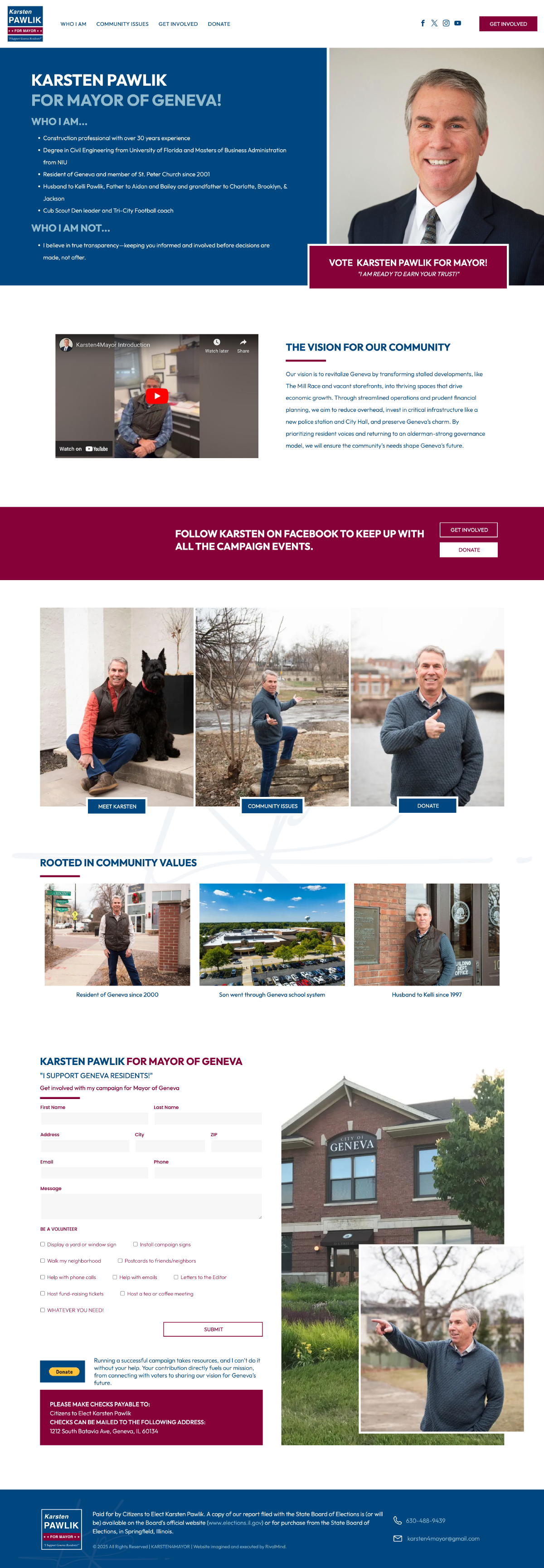 Website homepage with blue header, portrait, volunteer photos, and text blocks promoting a community organization