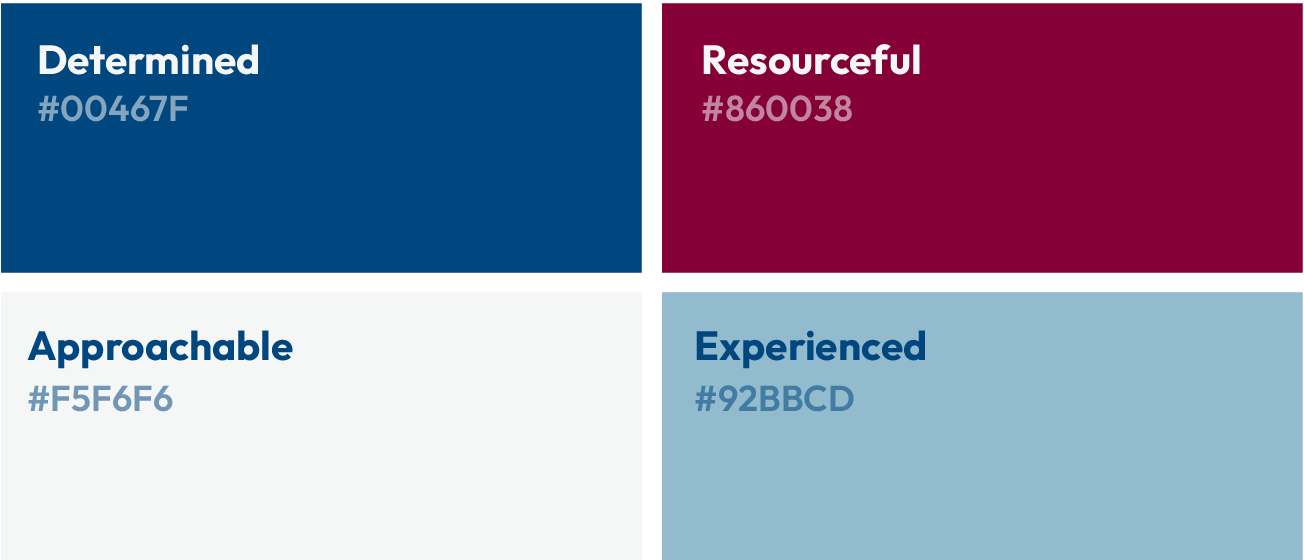 Four-color palette grid labeled Determined, Resourceful, Approachable, and Experienced.