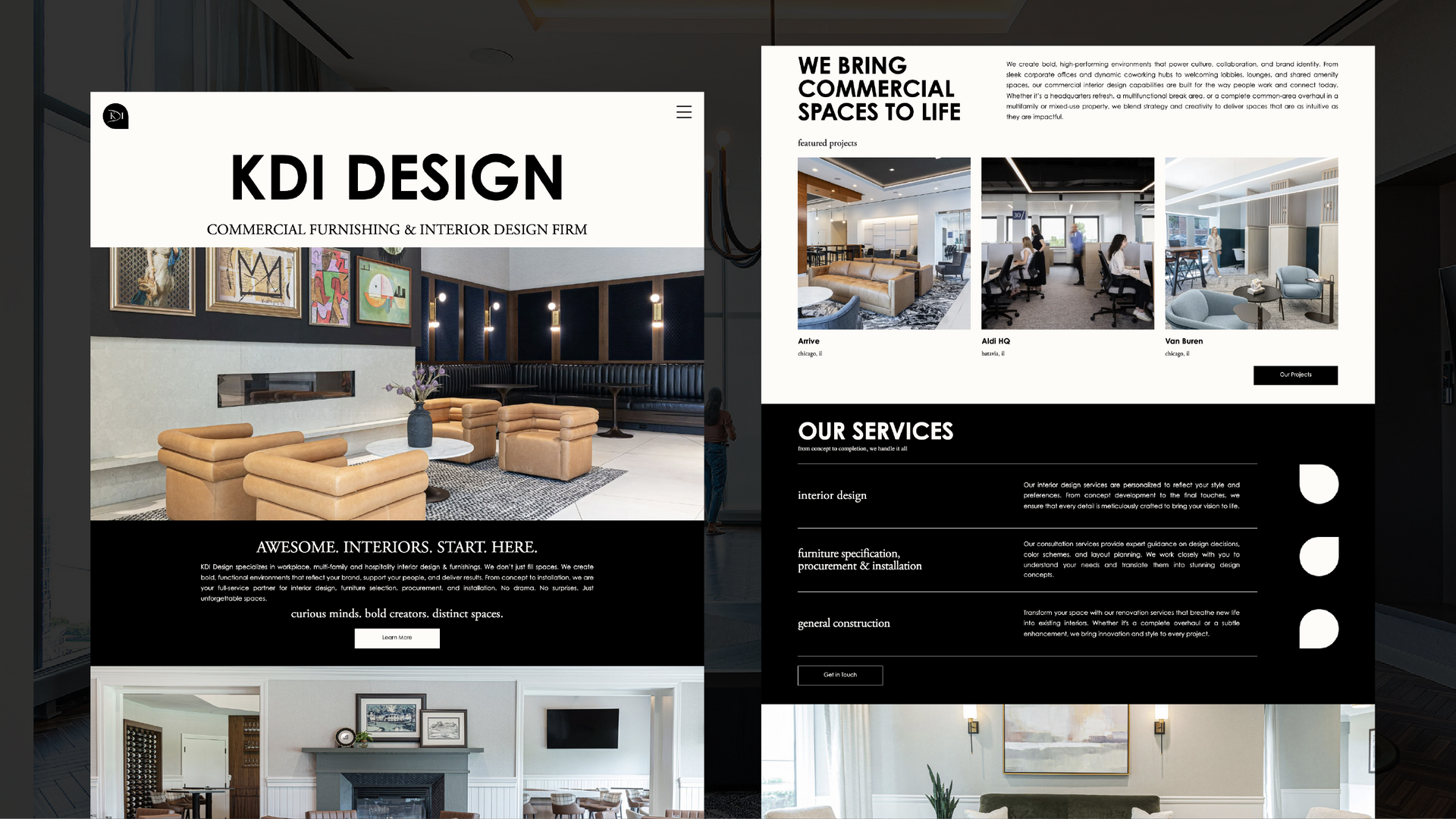 Collage of a blue-and-red website homepage with navigation, banners, cards, forms, and photo sections