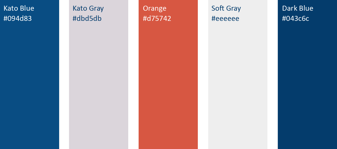 Five vertical color swatches labeled with names and hex codes: blue, light gray, orange, white, and dark blue.