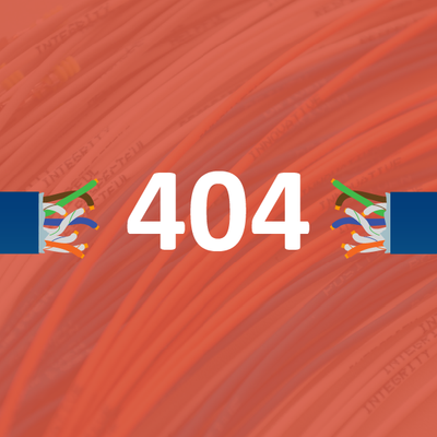 404 error page with large white “404” on a red background and broken cable graphics on both sides