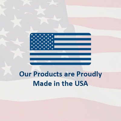 American flag graphic with the text “Our Products are Proudly Made in the USA”