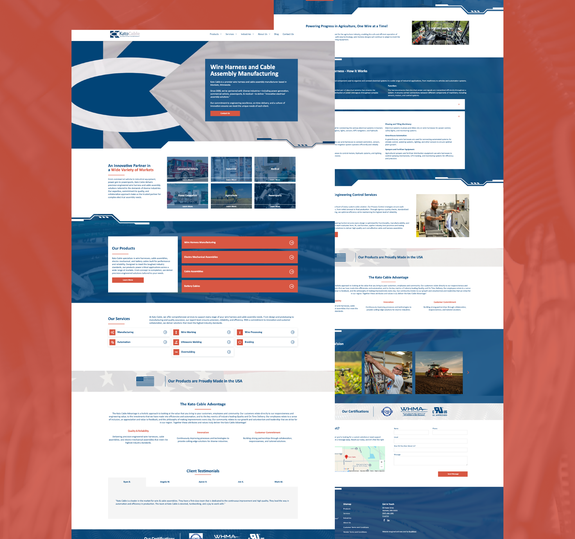 Collage of a blue-and-red website homepage with navigation, banners, cards, forms, and photo sections