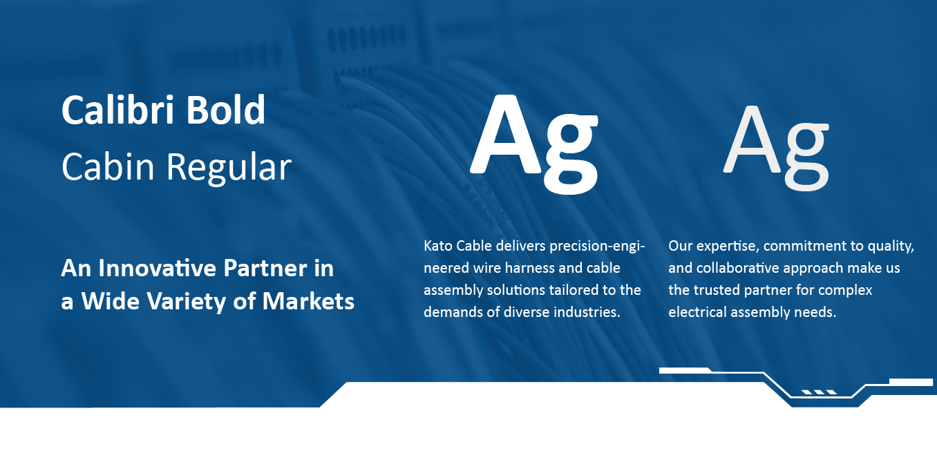 Blue typography and font style guide with Calibri Bold, Cabin Regular, and large “Ag” samples