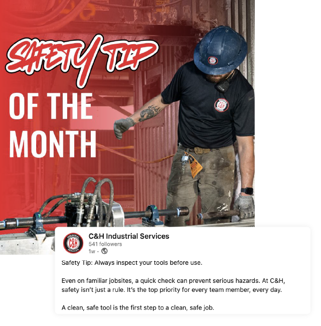 Safety tip poster: worker in hard hat and gloves inspects tools, with “Safety Tip of the Month” text.