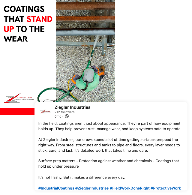 Industrial safety ad with worker under a pipe, headline “Coatings that stand up to the wear”