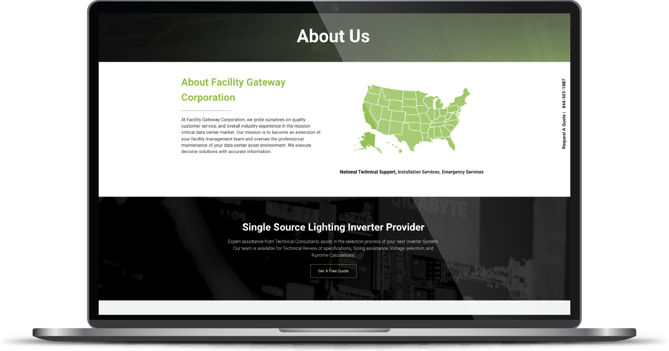 Laptop displaying an “About Us” webpage with a green U.S. map and dark banner section