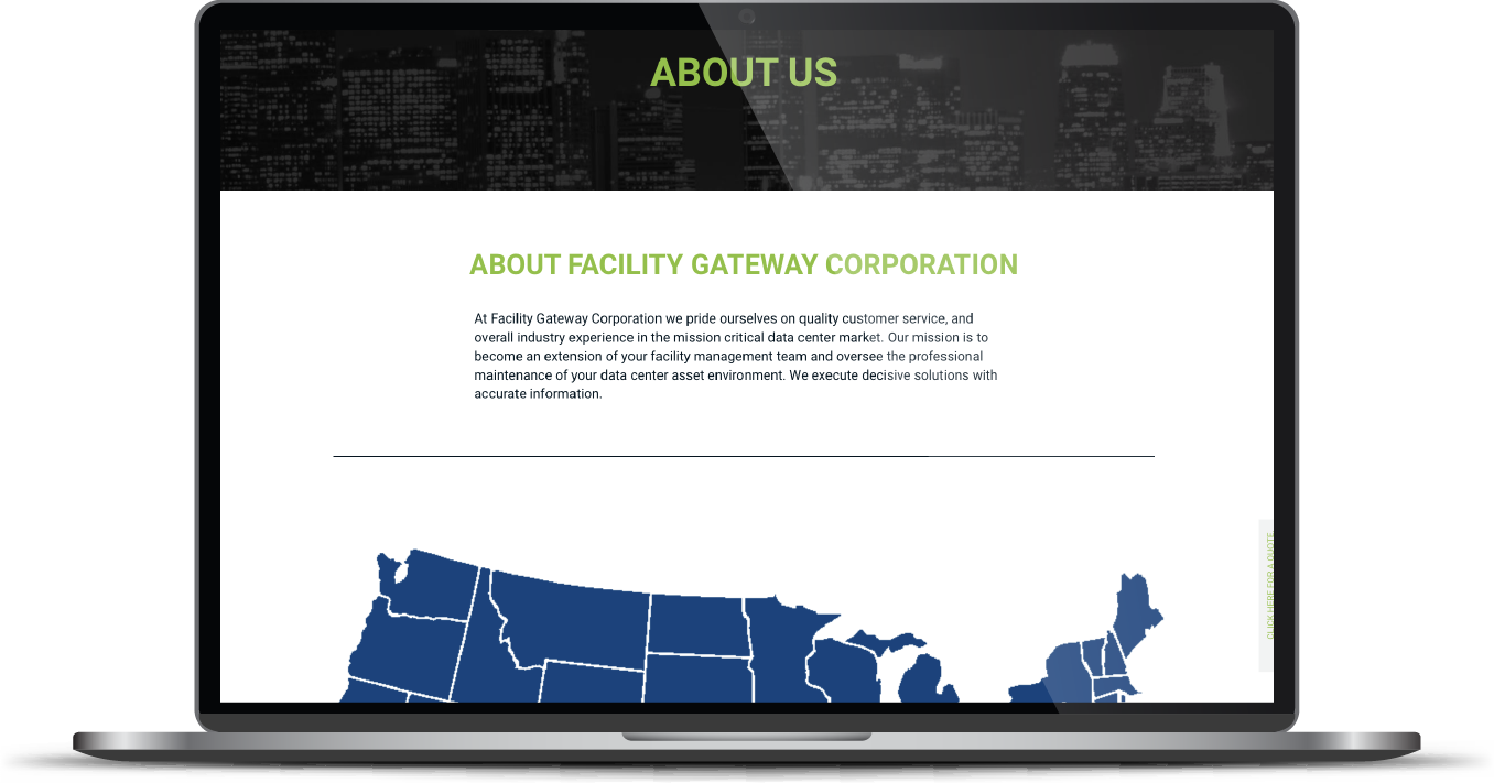 Laptop screen showing an “About Us” webpage with white text and a blue U.S. map graphic