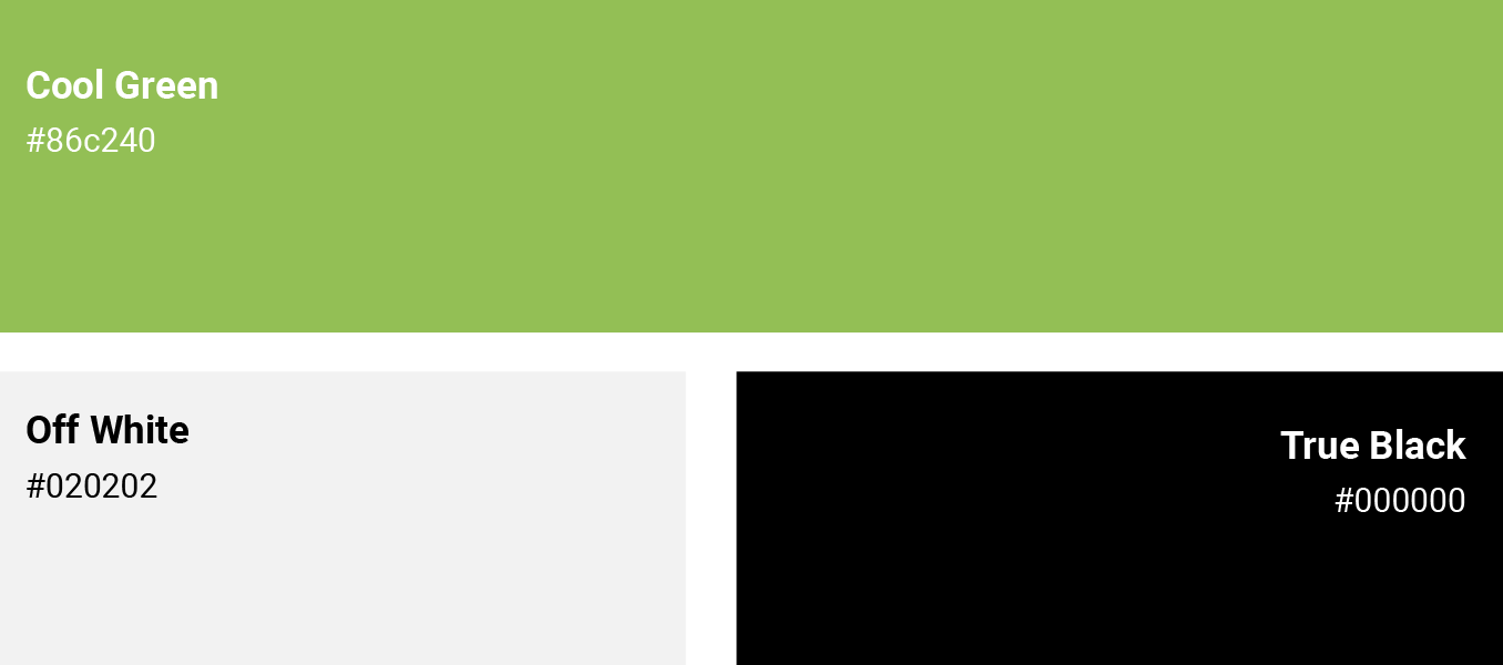 Color palette swatches: cool green, off white, and true black with hex codes.