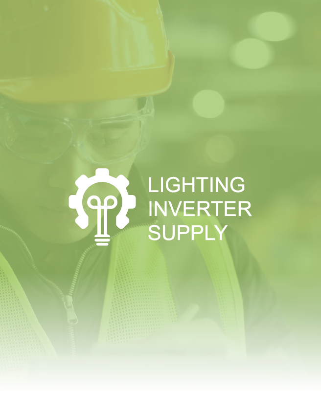 Green-tinted worker in hard hat with “Lighting Inverter Supply” text and lightbulb gear icon