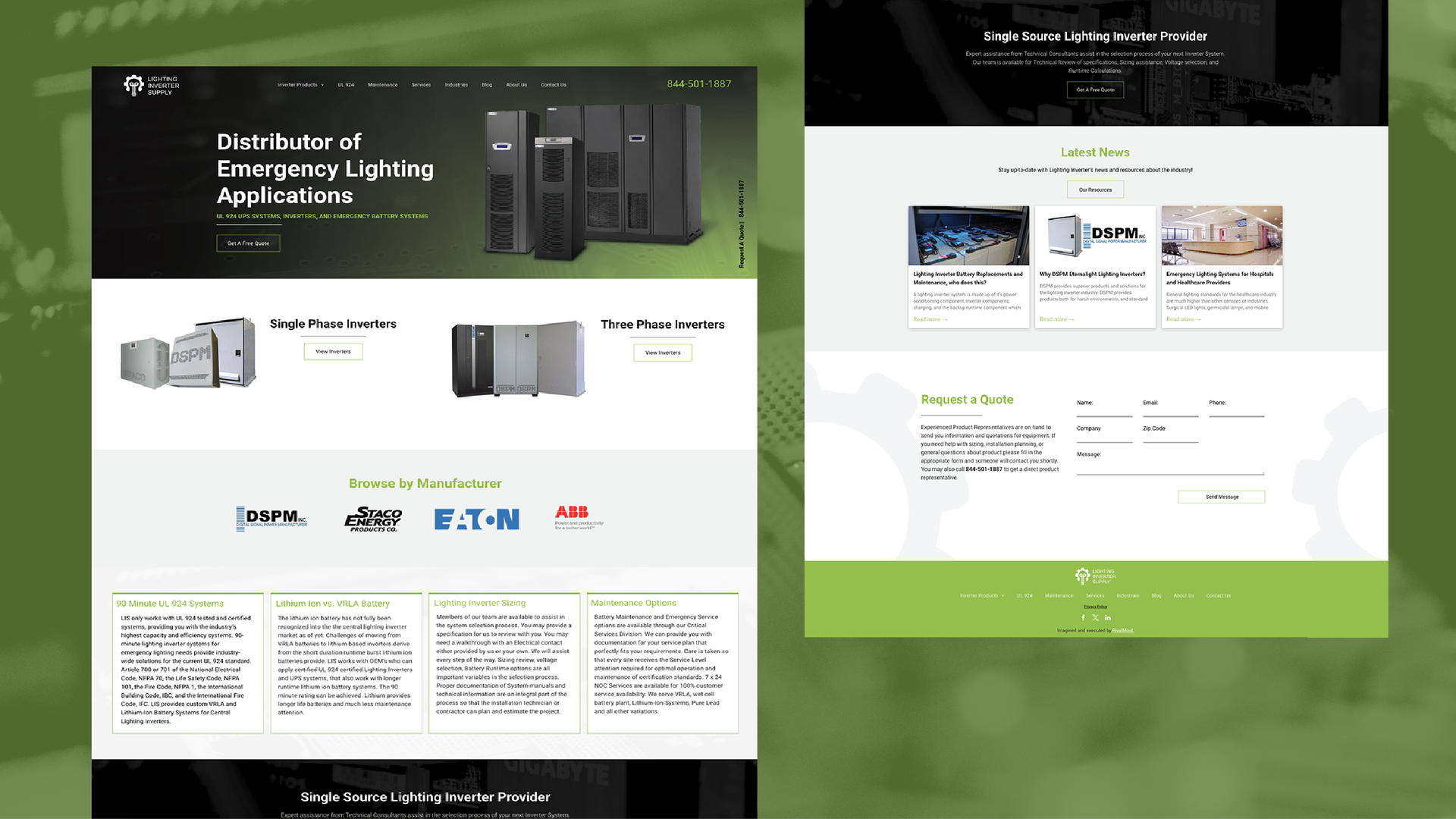 Two web page mockups with green headers and product info, shown side by side.