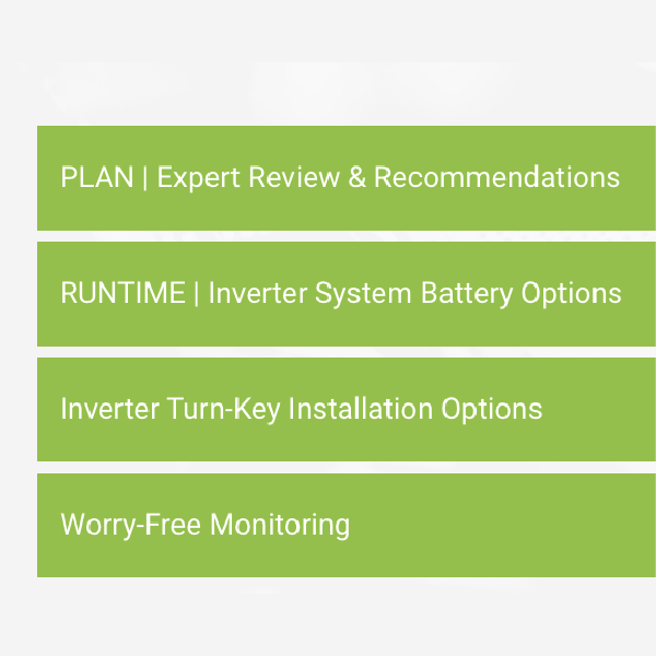 Green stacked menu blocks labeled Plan, Runtime, Inverter Turn-Key Installation Options, and Worry-Free Monitoring
