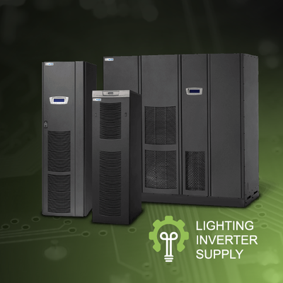 Three black lighting inverter units on a green background with “LIGHTING INVERTER SUPPLY” text and bulb icon