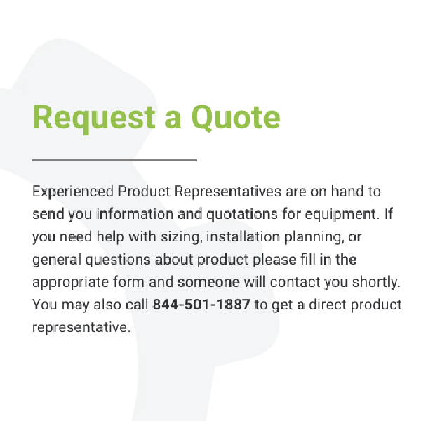 Request a Quote heading with contact info for product sizing and installation help