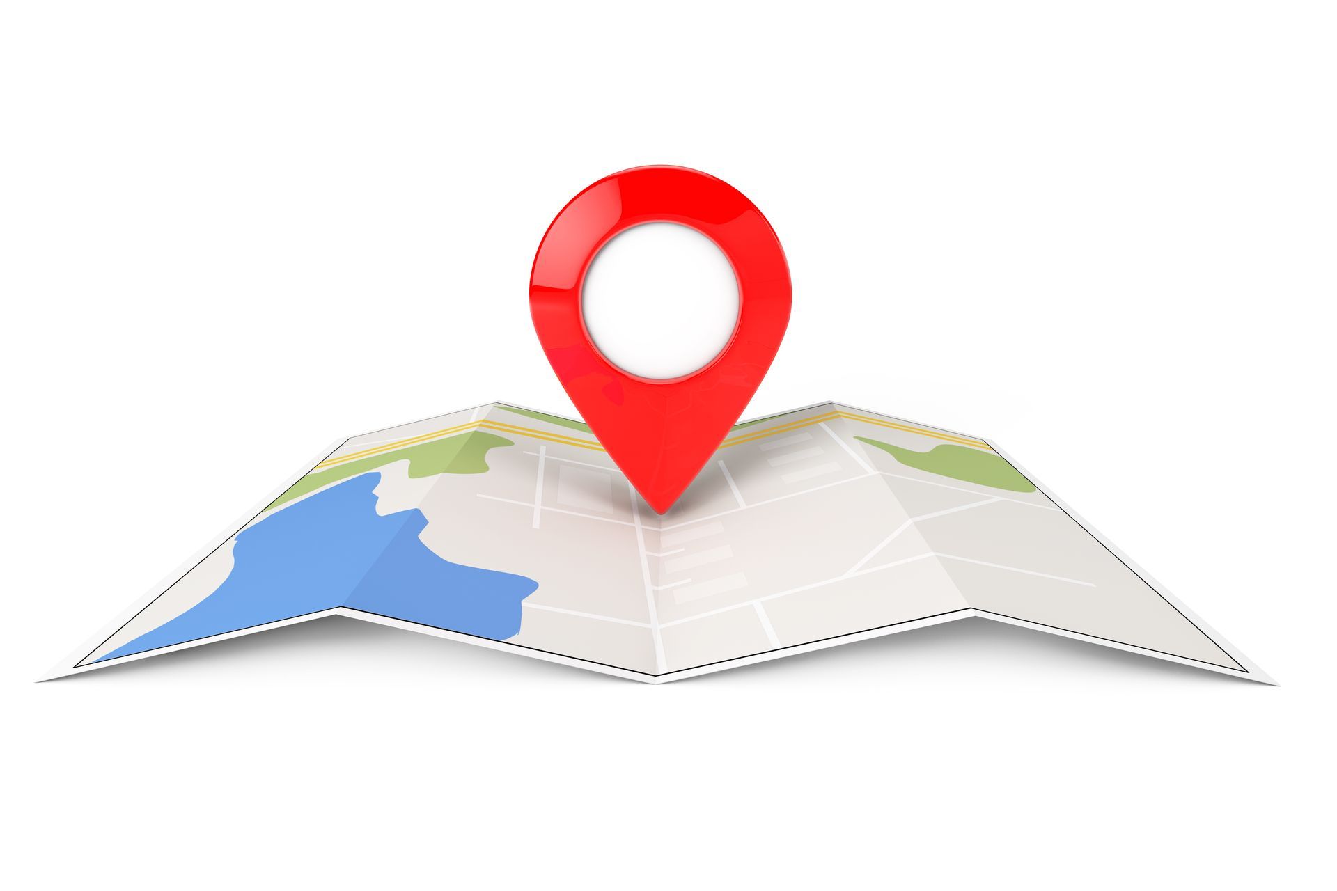 Red location pin on a folded map with blue and green areas
