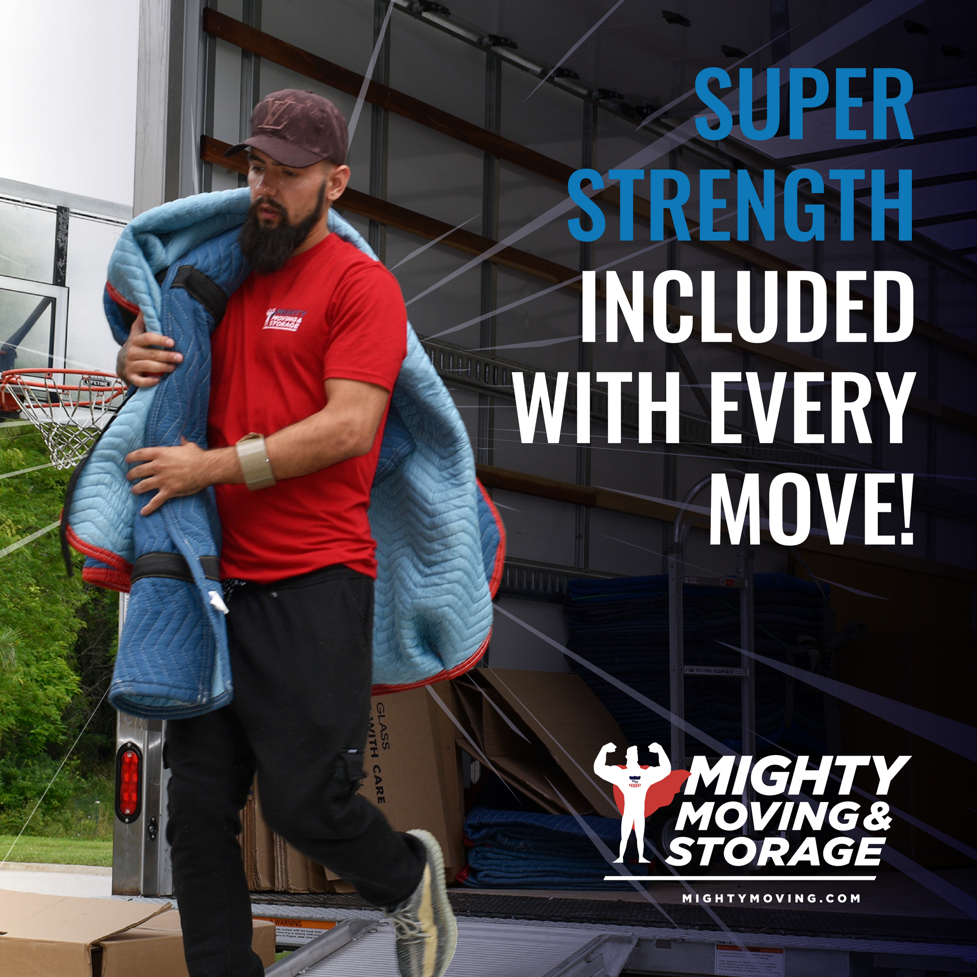 Mover carrying a sofa on stairs with text: “Super strength included with every move!”