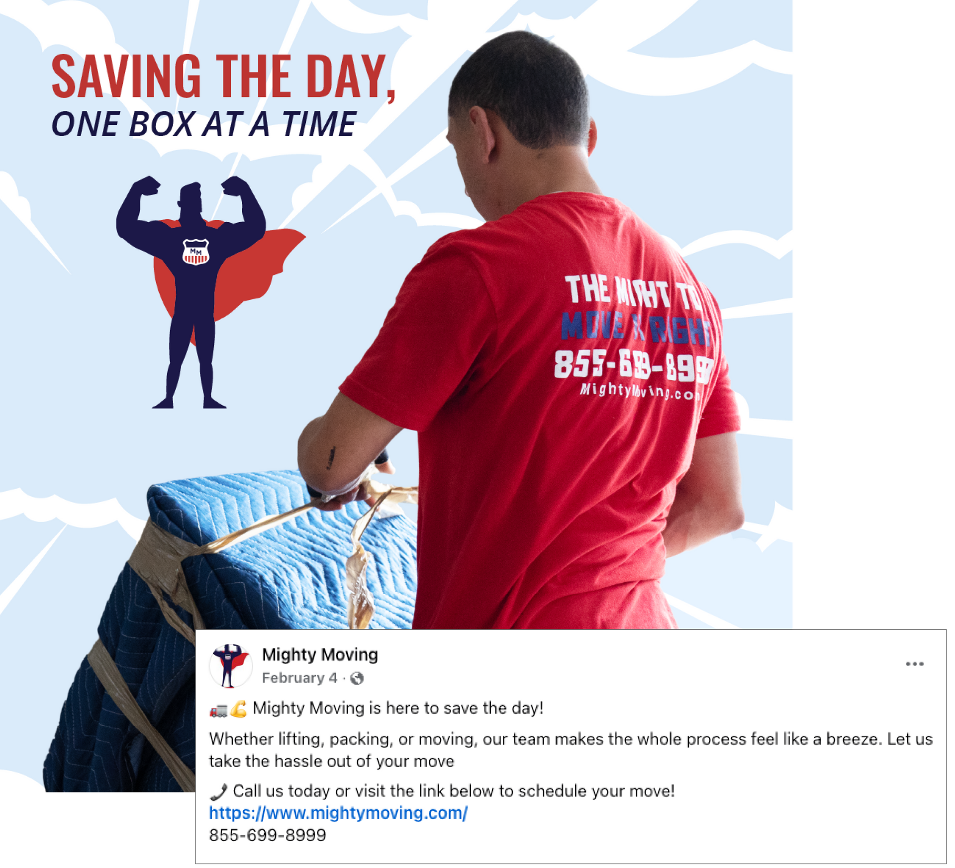Mover in red shirt pushing a wrapped box; text reads “Saving the day, one box at a time” and “The move you need”
