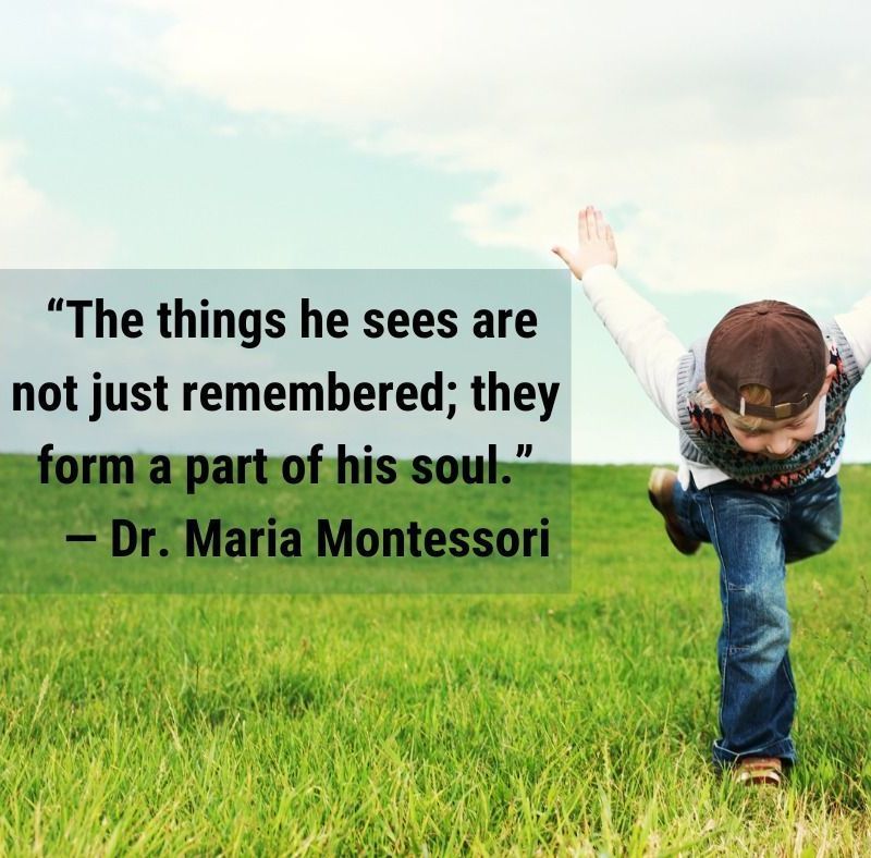 Child running through a grassy field with arms raised beside a Maria Montessori quote