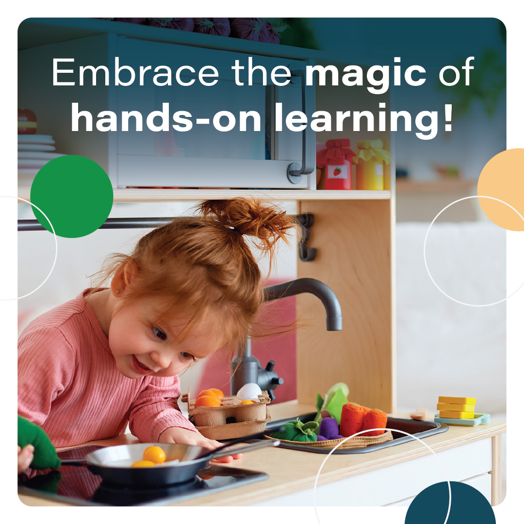 Child baking at a kitchen sink with “Embrace the magic of hands-on learning!” text overlay