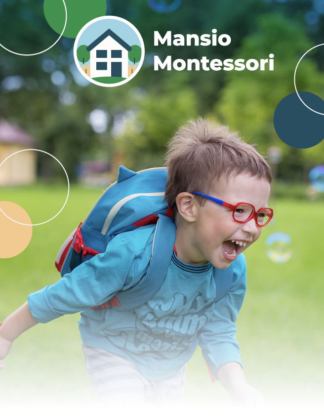 Child with red glasses and blue backpack running outdoors on a grassy lawn, Mansio Montessori logo above.