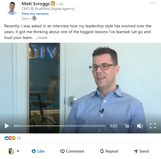 Social media post showing a man speaking in an office, with a paused video and caption text about leadership evolution